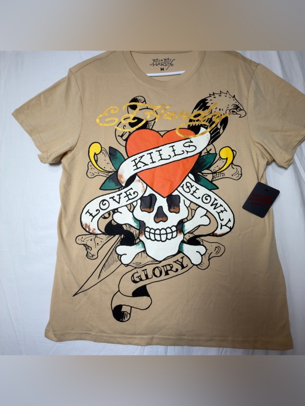 Ed Hardy Skull And Heart Love Kills Slowly Cream Brown T-shirt.